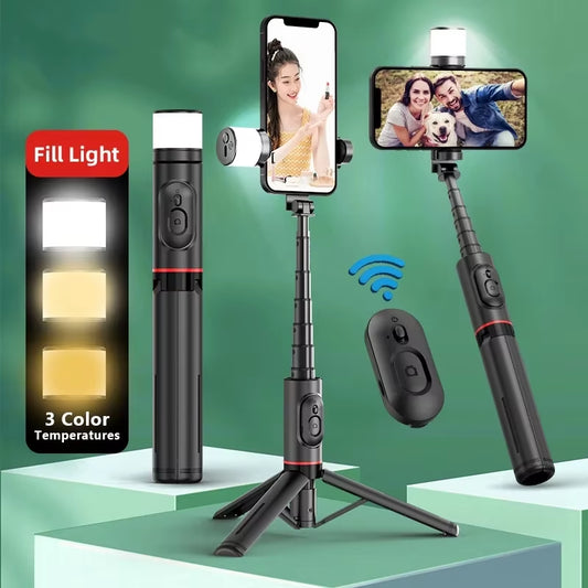 NEW Portable Wireless Bluetooth Phone Telescopic Selfie Stick Tripod with Fill Light for Huawei Iphone 13 Android Xiaomi
